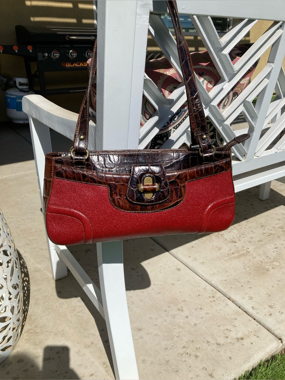 Brahmin Red Shoulder Bag w/Brown Leather Croc-Embossed Trim